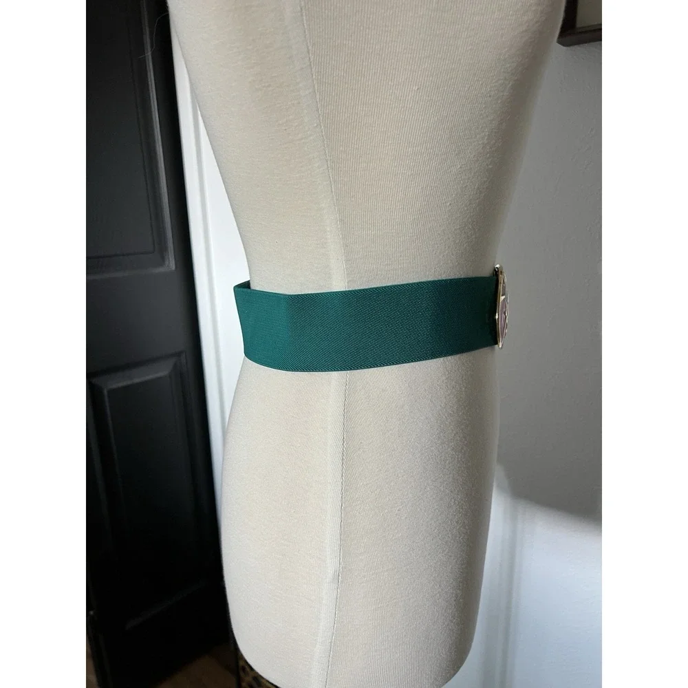 Vintage 80s Stretch wide elastic Belt Enamel Buckle Teal Pink‎ Statement Medium